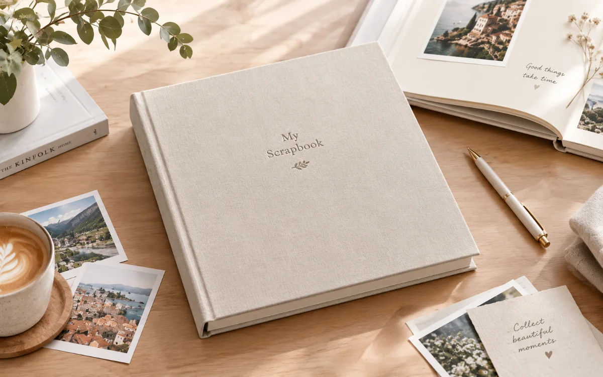 Beige textured scrapbook titled 'My Scrapbook' on a wooden desk with coffee, photos, a pen, and an open photo album in the background.