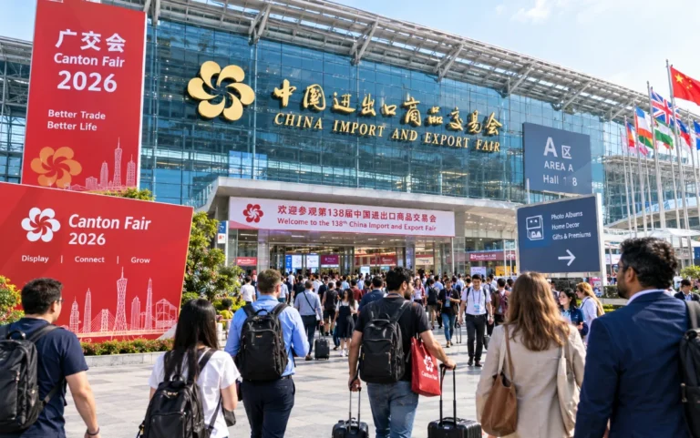 People entering the Canton Fair 2026 at the China Import and Export Fair complex. Large banners and flags are visible outside.