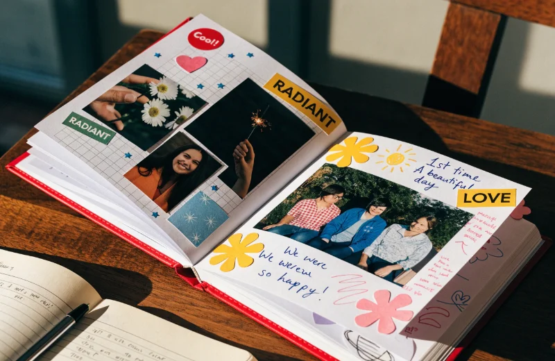 An open scrapbook with photos, stickers, and handwritten notes