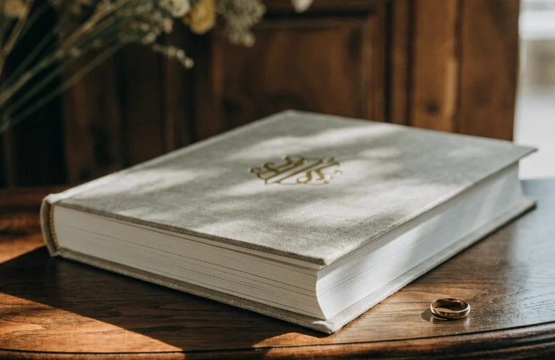 A luxurious linen wedding album on a wooden table, with a wedding ring next to it