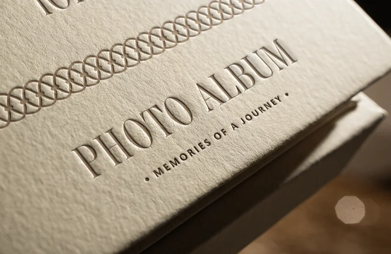 A close-up of a high-quality paper cover album with elegant debossing