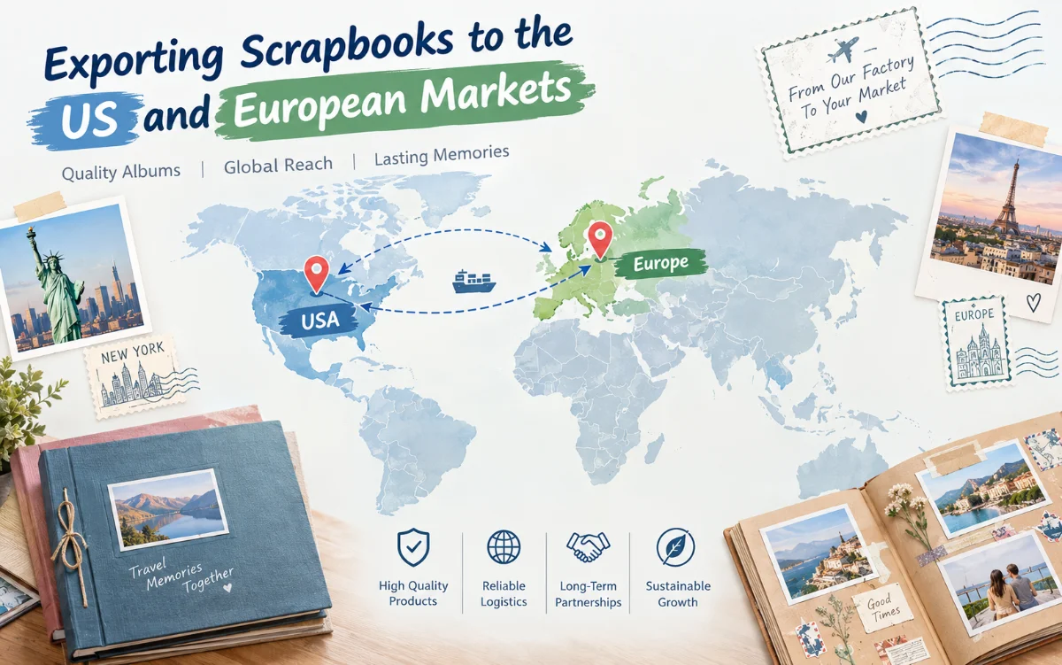 A world map with pins in the US and Europe, with scrapbook graphics overlaid
