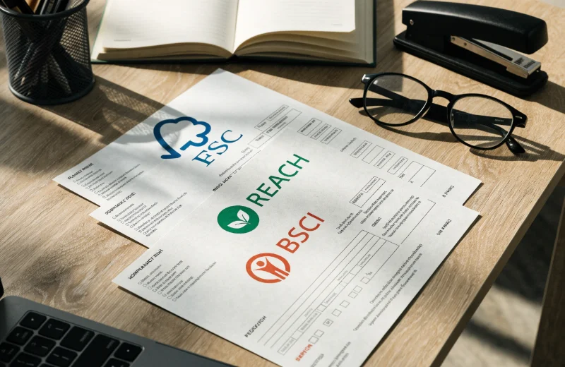 Certificates for FSC, REACH, and BSCI laid out on a desk