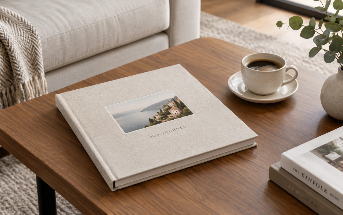A stylish, minimalist linen-covered coffee table album resting on a modern wooden coffee table next to a cup of coffee.