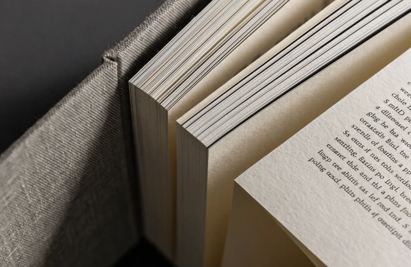 A close-up shot showing the texture of a gray linen cover and the thick, high-quality paper of a lay-flat album.