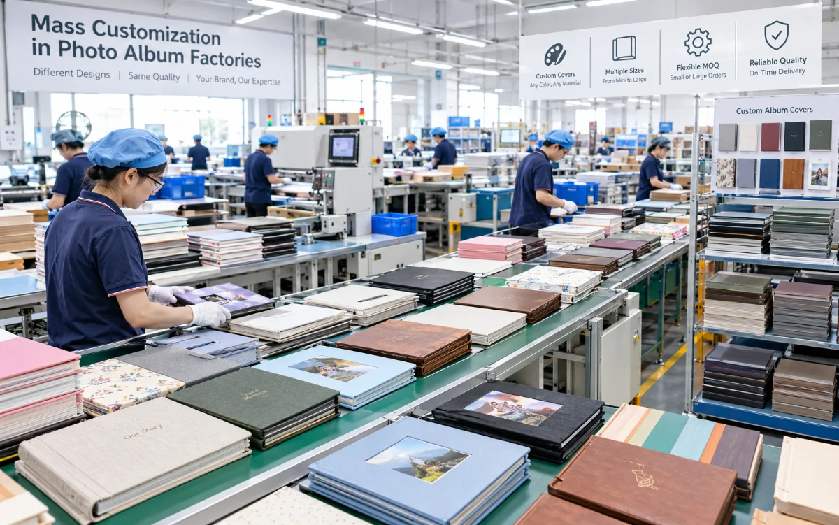 A production line showing albums with many different custom covers being produced together