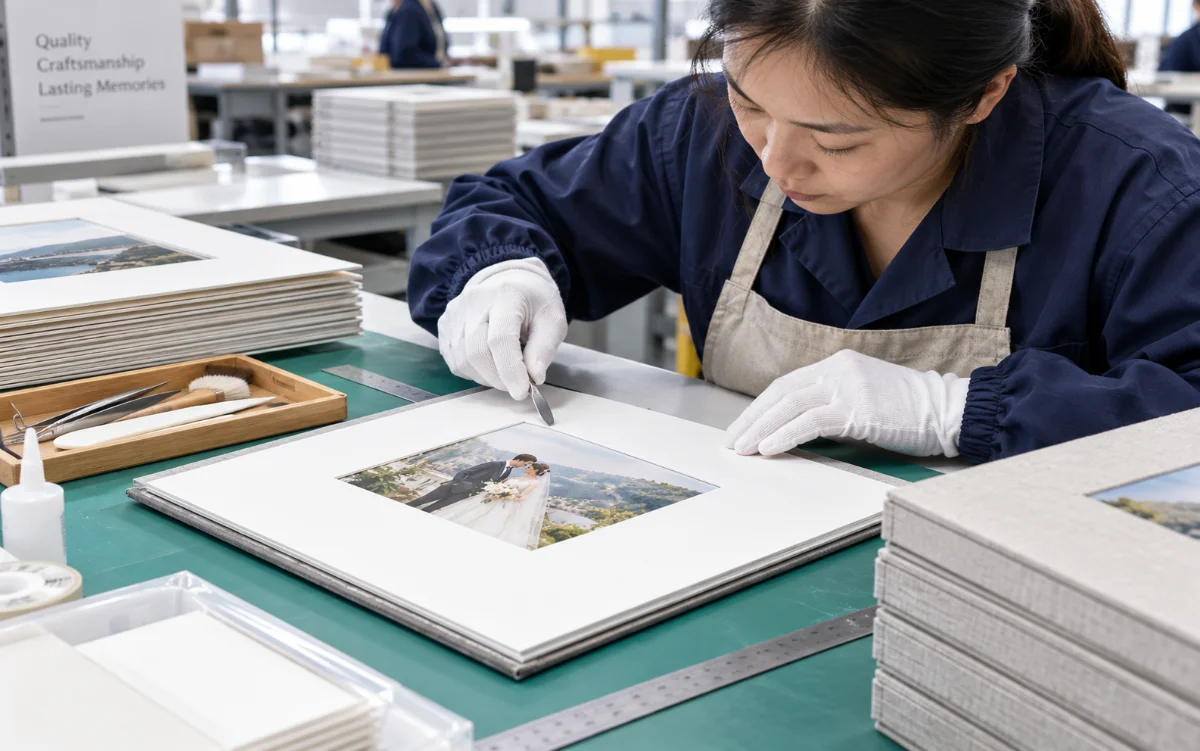 A factory worker assembling a matted album with precision tools