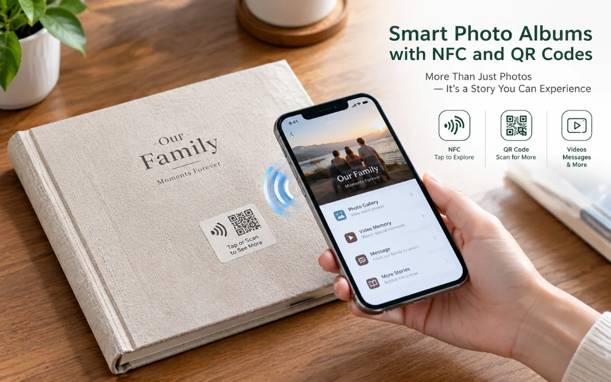 A person tapping their smartphone on a photo album, activating a digital feature