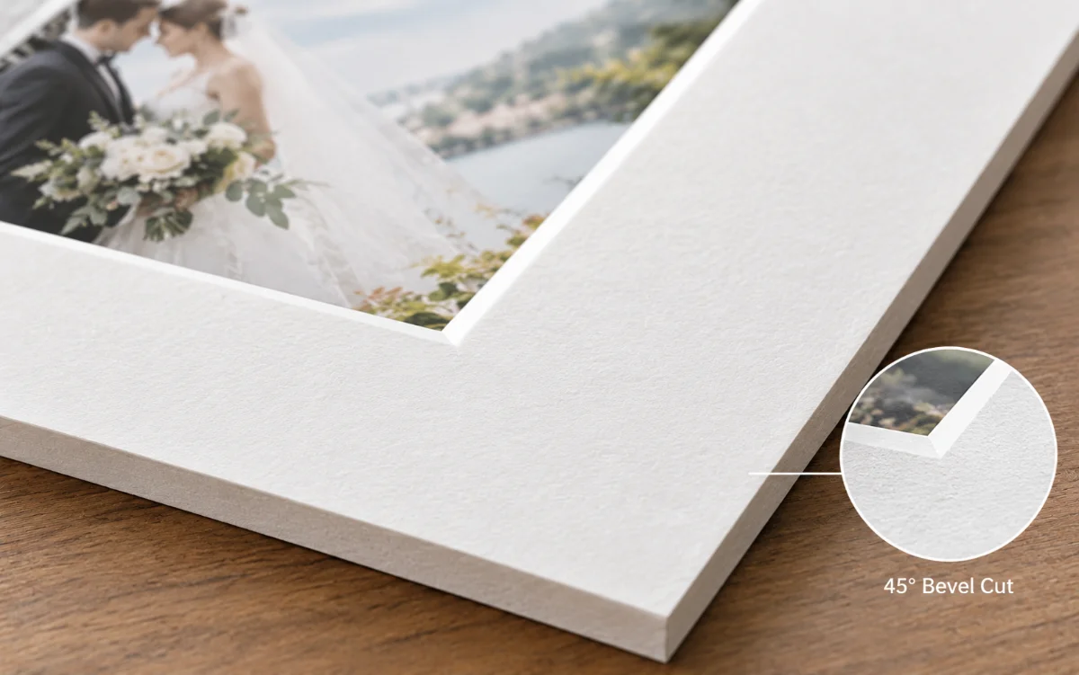 Close-up of a 45-degree bevel cut on a thick, white photo album mat