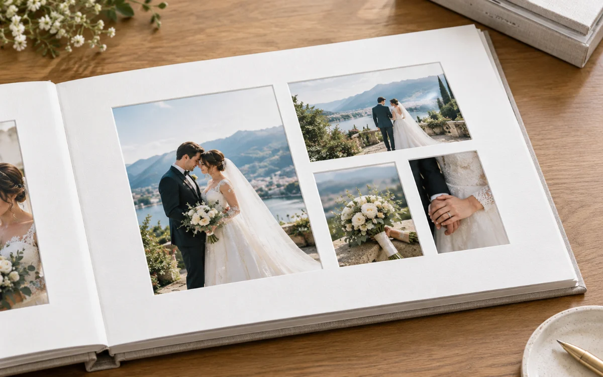 A custom matted album page with a collage layout for multiple photos